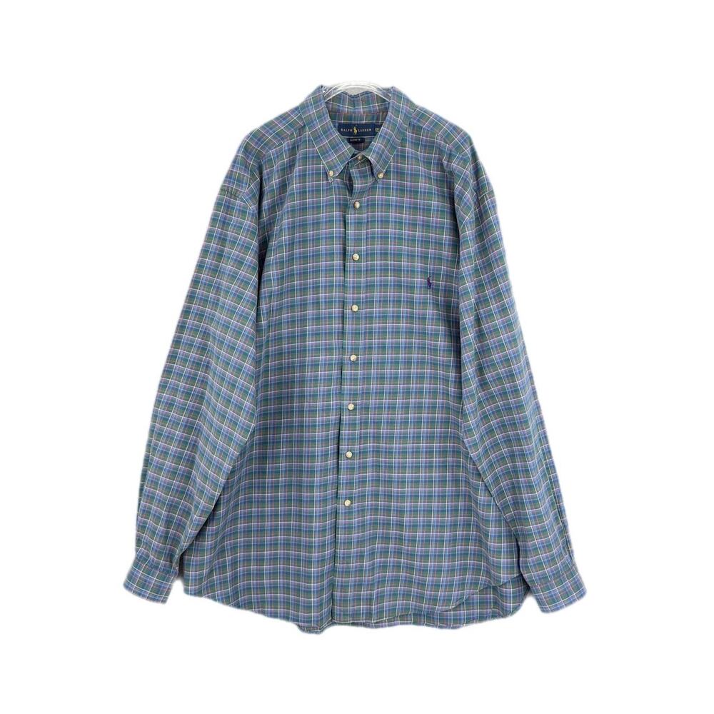 Ralph Lauren Men's 2XL TALL Classic Button Down Plaid Navy Green Collared Shirt